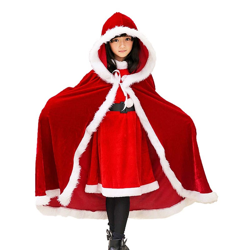 UDYR Child Christmas Cloak Deluxe Velvet Mrs Santa Claus Robe Hooded Cloak, Cappa Cape Coat Long Xmas Cos-play Costume for 6+ years(Red Kids) - Image 1